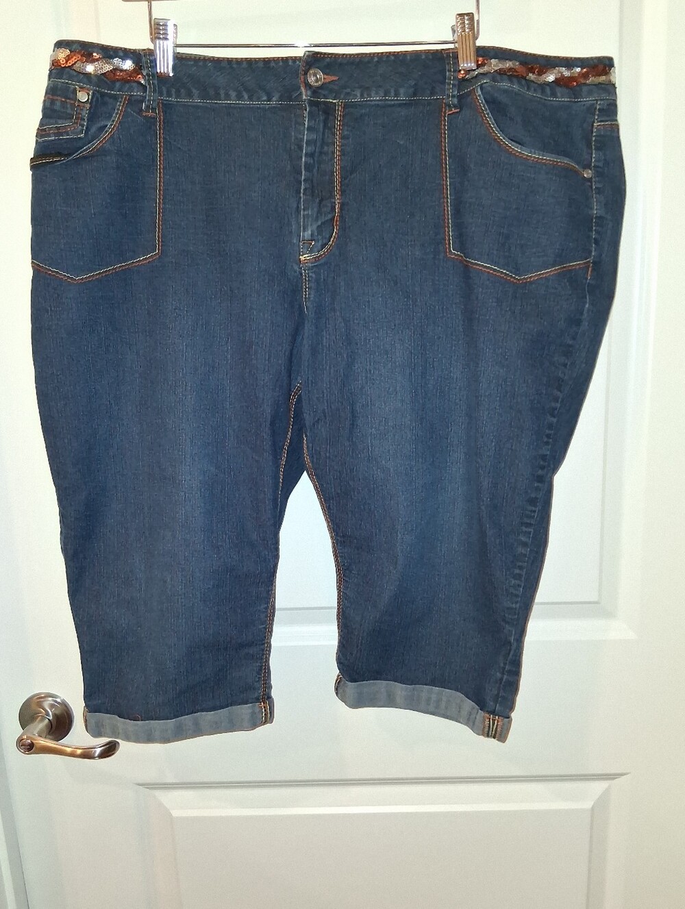 L NEW Rewash Dark Blue Denim Cropped Jeans with Sequin Waist Trim Lady's 24 PLUS